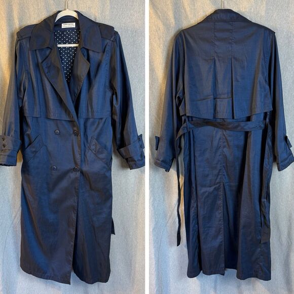 1980's Iridescent‎ Blue Trench Coat Women's 9/10 Shoulder Epaulets Belted (1107) - Picture 1 of 15
